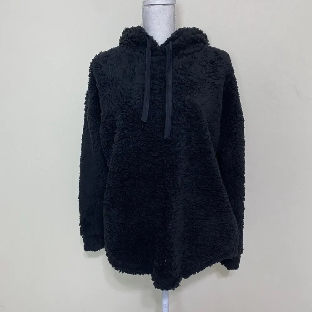 Active USA Fur Faux Hooded Jacket Womens Cozy Soft Sweater Black Large‎
